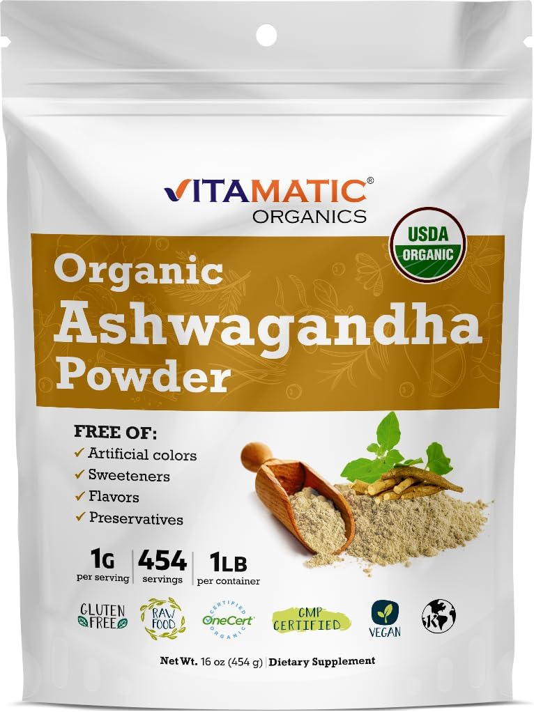 Vitamatic Certified USDA Organic Ashwagandha Powder – 1 lb (16 oz) Withania Somnifera ¦ Ayurvedic Adaptogen for Stress Relief, Energy, Mood &amp; Immune Support