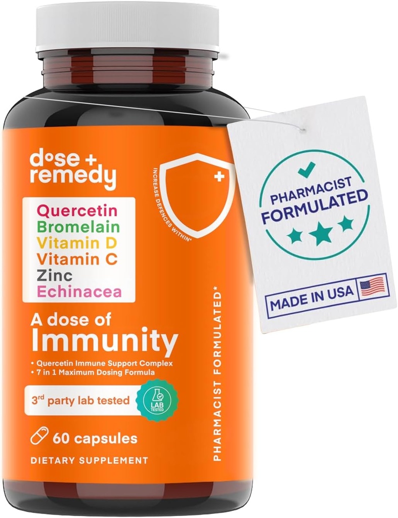 Una dosis de quercetina de inmunidad con vitamina C y zinc, vitamina D, 500 mg de quercetina Bromelaina con vitaminas Echinacea &amp; B, Lung Immune Support Suplemento 7 en 1 Booster de Defensa de inmunidad (60 Conde)