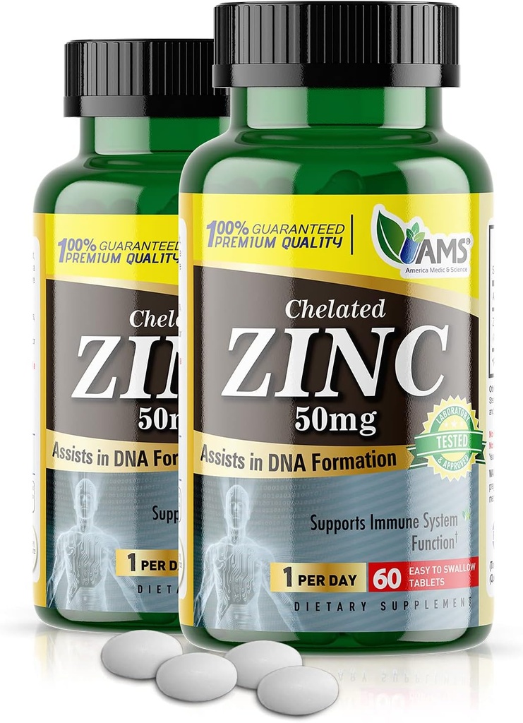 America Medic & Science Chelated Zinc 50 mg Supplements (2 Pack of 60 Tablets) Immune Booster and Powerful Antioxidant Pills for Adults Men and Women | Highly Absorbable Mineral, Improves Mood & Sleep