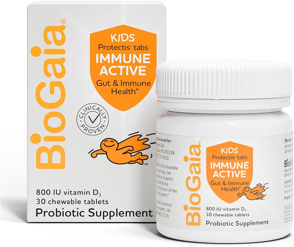 BioGaia Immune Active Kids ← Probiótico + Vitamina D Silencio para la salud digestiva e inmunitaria Edades 3+ ← Allergen, Dairy, Soy &amp; Gluten Free ← Confianzada por los pediatras TEN 30 Day Supply TEN Orange Flavored Chewable