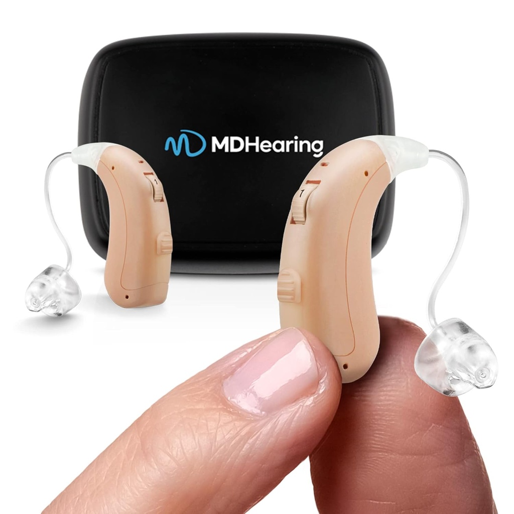 MDHearing VOLT OTC Hearing Aids for Seniors, Doctor-Designed Rechargeable, 2 Directional Microphones, 4 Audio Settings, Fits with Glasses, Deluxe Charger Included …
