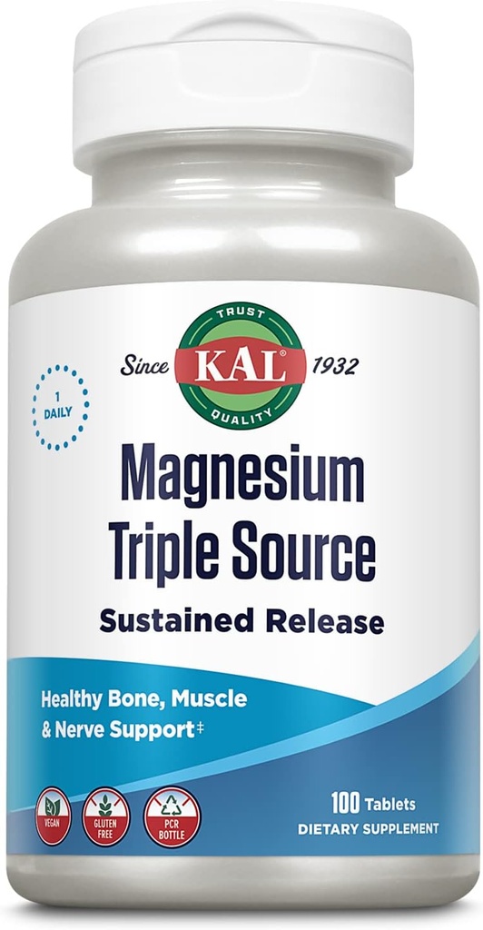 Complejo de Magnesio de Fuente Triple KAL, Citrate, Malate, Oxide, Sujeto, Bone, Muscle, Nerve Support, Vegan, Gluten Free, 60-Day Guarantee, 100 Servings, 100 Tabs