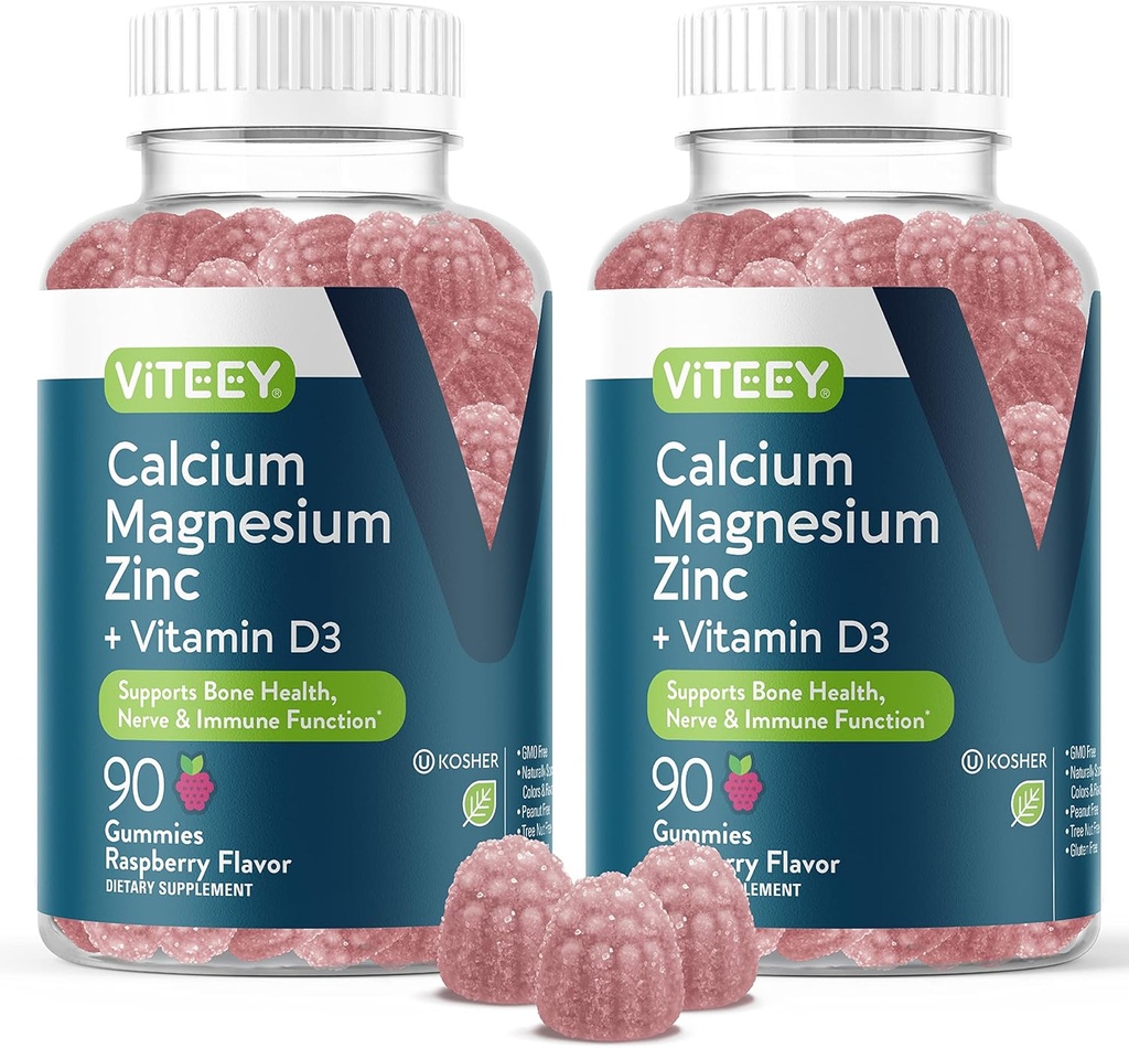 Viteey Calcium Magnesium Zinc Gummies with Vitamin D3 - Supports Bone Health, Nerve & Immune Function - Calcium Magnesium Zinc D3 for Adults &amp; Teens - GMO Gratis - Chewable Raspberry Flavored Gummy