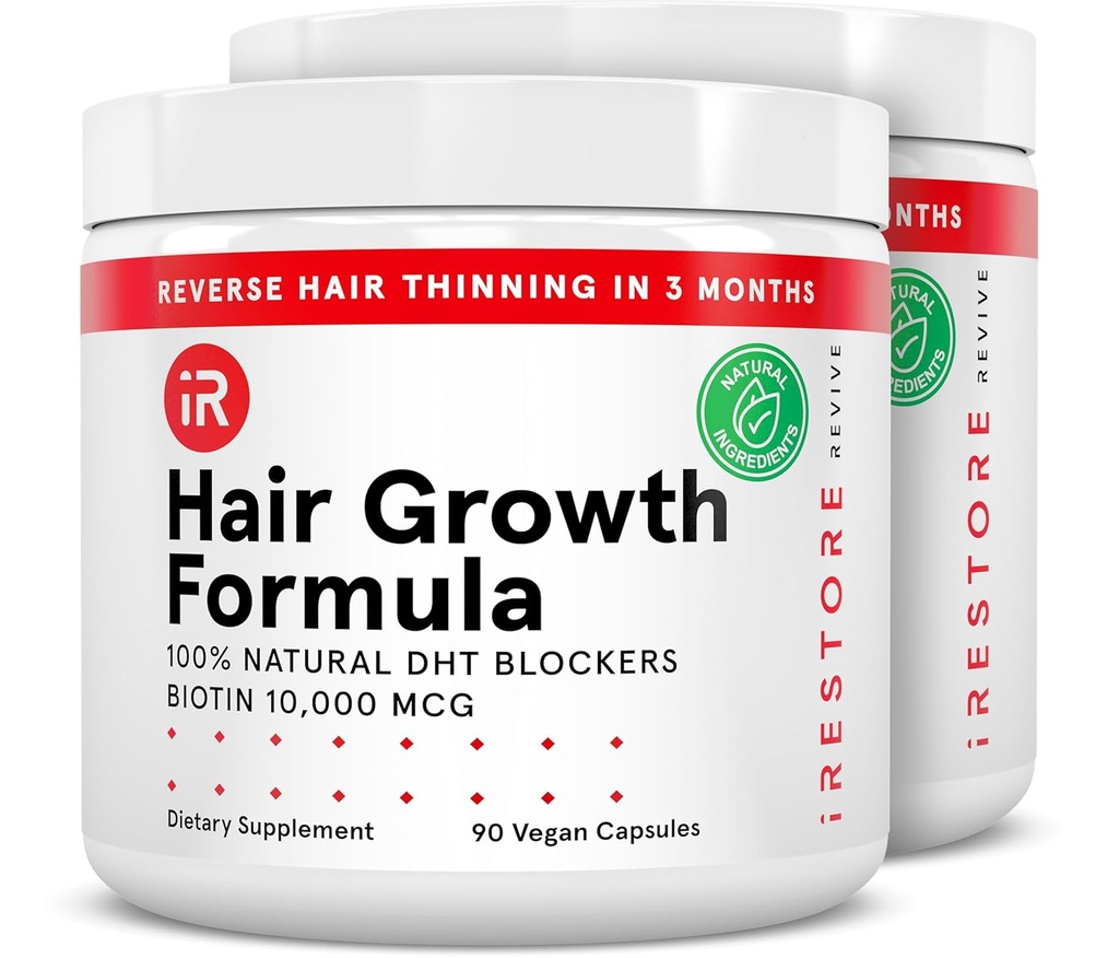 iRestore Hair Growth Supplement – Natural DHT Blockers & Multivitamin Blend – Vegan, Non-GMO, 90 cápsulas – Soporta el cabello más grueso, más fuerte para hombres y mujeres – 2-Pack