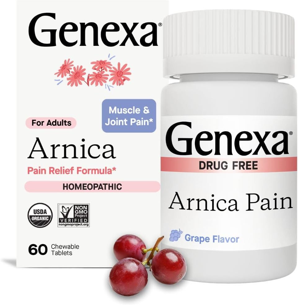 Genexa Arnica for Pain Relief ¦ Alleviate Muscle & Joint Pain, Soreness & Stiffness  Reduce Bruises &amp; Swelling ← Orgánica Grape Flavor TEN Homeopathic Remedy Made Clean TEN 100 Chewable Tablets