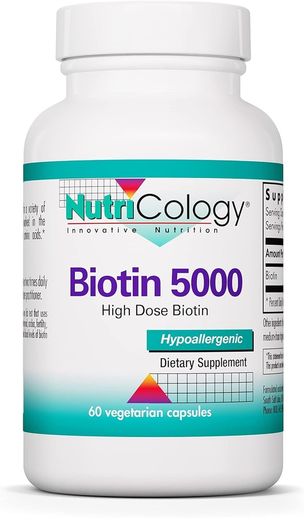 Nutricología Biotina 5000 Suplemento - 5000mcg Biotina, Vitaminas para el cabello, la piel y las uñas, alta dosis, cápsulas vegetarianas, hipoalergénico, libre de gluten - 60 Conde
