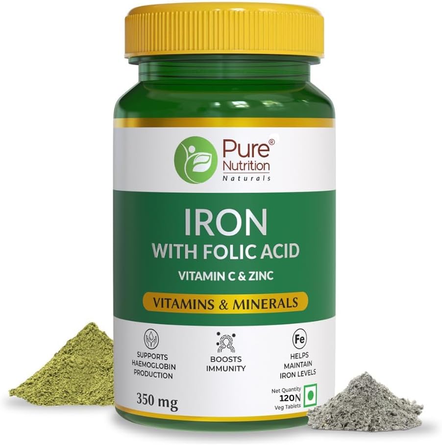 Suplemento de ácido fólico de hierro - 120 tabletas de veg con zinc, vitamina C &amp; vitamina B12 para hombres &amp; mujeres  sometidas apoya la producción de hemoglobina, aumenta la inmunidad " mantiene el nivel de hierro