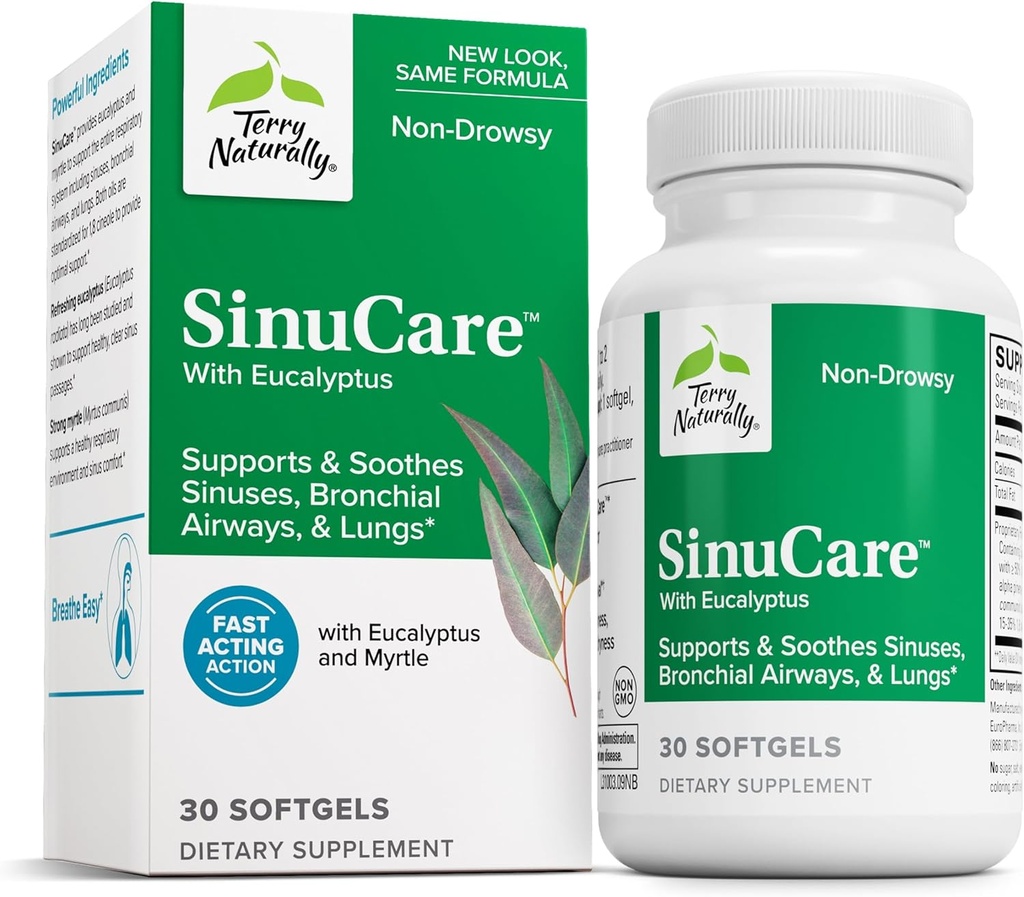 Terry Naturalmente SinuCare - 320 mg Eucalyptus & Myrtle Oil Complex, 30 Softgels - Sinus, Lung &amp; Bronchial Support Supplement, Non-Drowsy - Non-GMO, Gluten-Free - 15 Servings