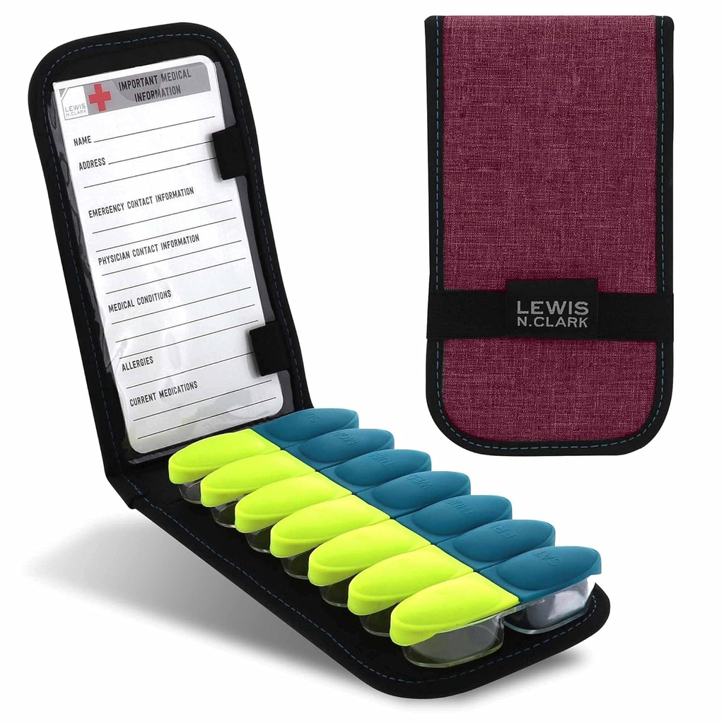 Lewis N. Clark Magnetic Polding Pill Organizer Suplemento Caso de Medicina OTC, Prescripción Vitaminas-14 Ranuras, Borgoña