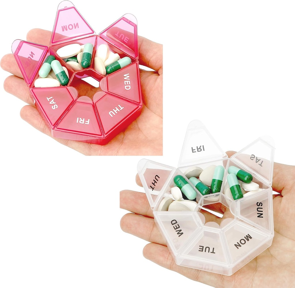Pill Organizer, 2 Pack Pill Box, Small Pill Case,Medicine Pill Organizer 1 Time a Day, Weekly Pill Organizer, Pill Container, Pill Holder, Daily Pill Organizer Travel Pill Organizer 7 Day(Red frecuentementeWhite)