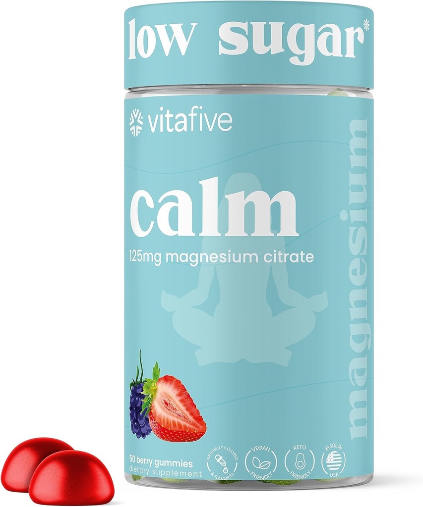 Vitacin bajo azúcar calma magnesio Gummies, 125 mg de Citrato de Magnesio, Sabor de Berry mezclado natural, Vegan, Gluten Gratis (50 Ct)