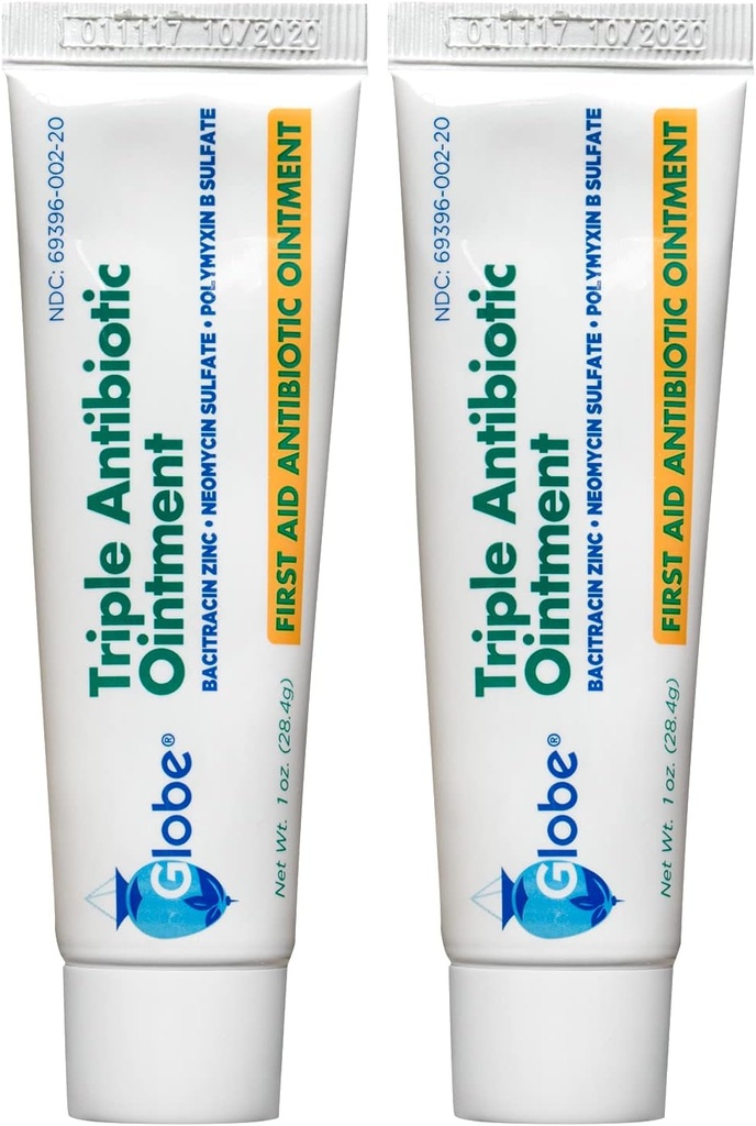 Globe Triple Antibiotic First Aid Ointment, 1 oz (2-Pack) First Aid Antibiotic Ointment, 24-Hour Infection Protection, Wound Care Treatment for Minor Scrapes, Burns and Cuts