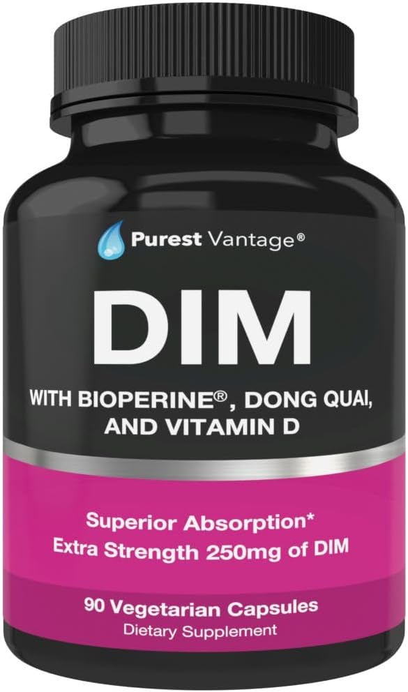 Suplemento DIM puro 250mg Diindolylmethane Plus BioPerine y Dong Quai - Soporte de equilibrio hormonal para mujeres y hombres, Menopause &amp; Estrógeno Soporte - 90 cápsulas vegetarianas