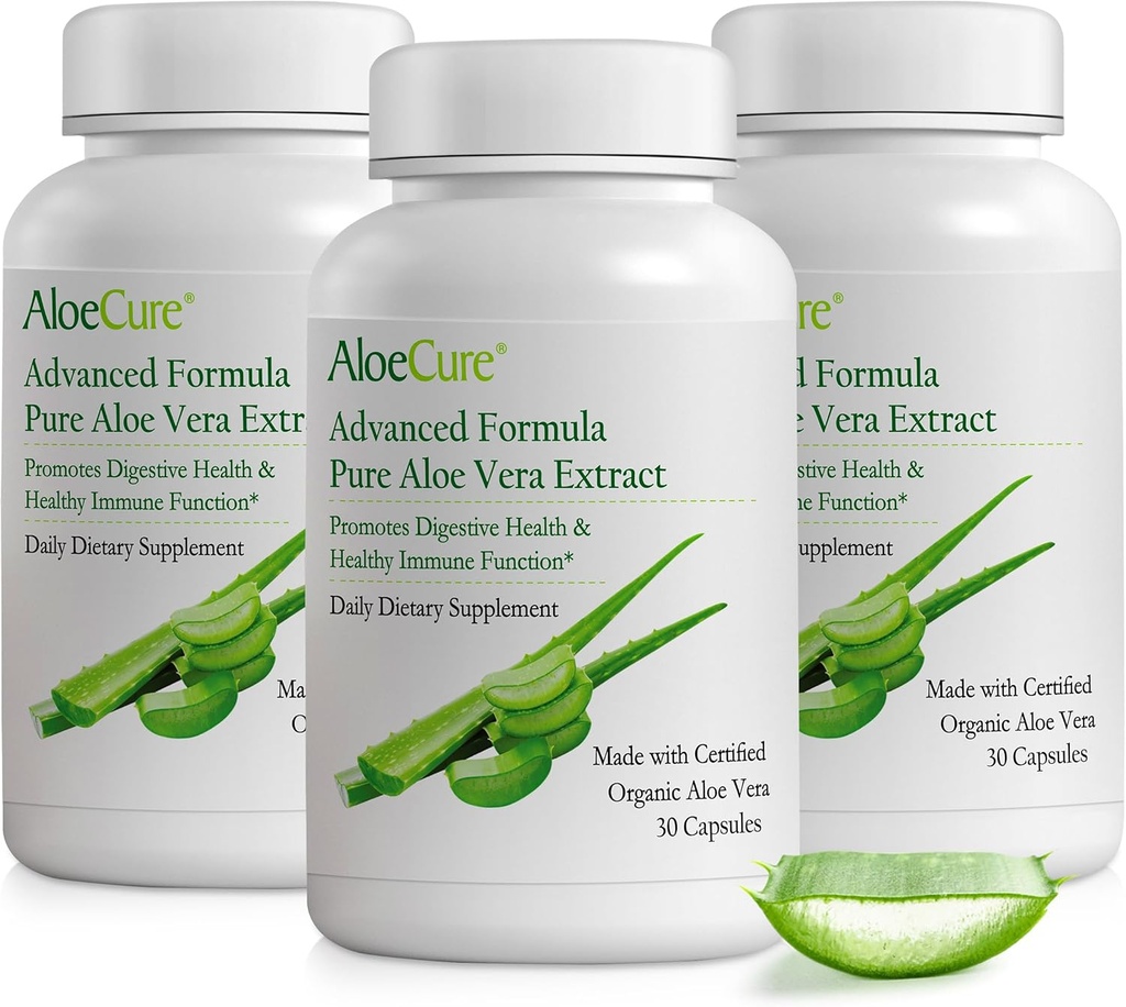 AloeCure Organic Aloe Vera Capsules, 160,000mg Inner Aloe Leaf Equivalent per Serving, Support Gut, Digestive, & Immune Health, Helps Maintain Balanced Stomach Acidity, Aloin Free, 30Caps x 3Btl