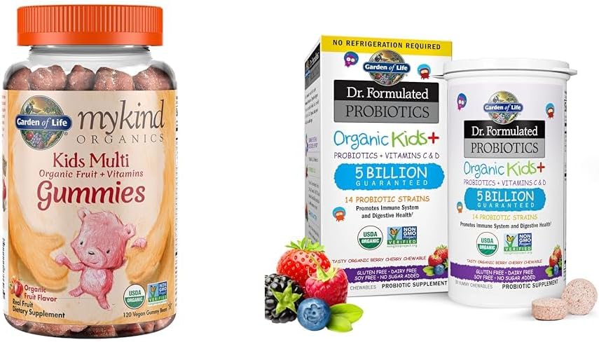 Garden of Life Organics Kids Gummy Vitamins - Fruit - Certified Organic, Non-GMO & Vegan " Dr. Formulated Probiotics Organic Kids+ Plus Vitamin C " D - Berry Cherry