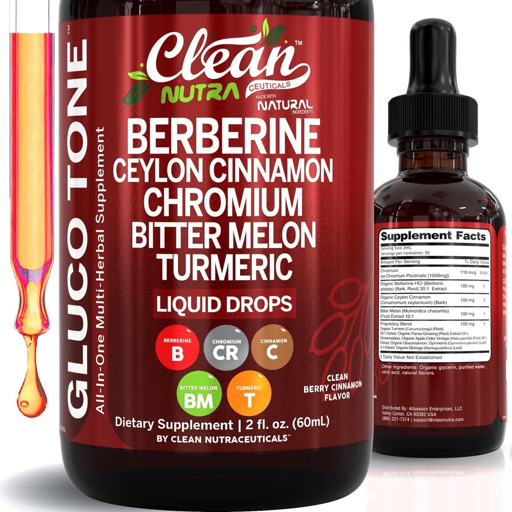 Limpio Nutra Berberine con Ceilán Suplemento de canela gotas líquidas + Extracto de melón de bitter, Glucomannan, Gymnema, cromo, Turmérico, Panax Ginseng orgánico, Moringa GLP-1 Apoyo