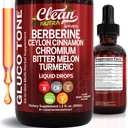 Limpio Nutra Berberine con Ceilán Suplemento de canela gotas líquidas + Extracto de melón de bitter, Glucomannan, Gymnema, cromo, Turmérico, Panax Ginseng orgánico, Moringa GLP-1 Apoyo