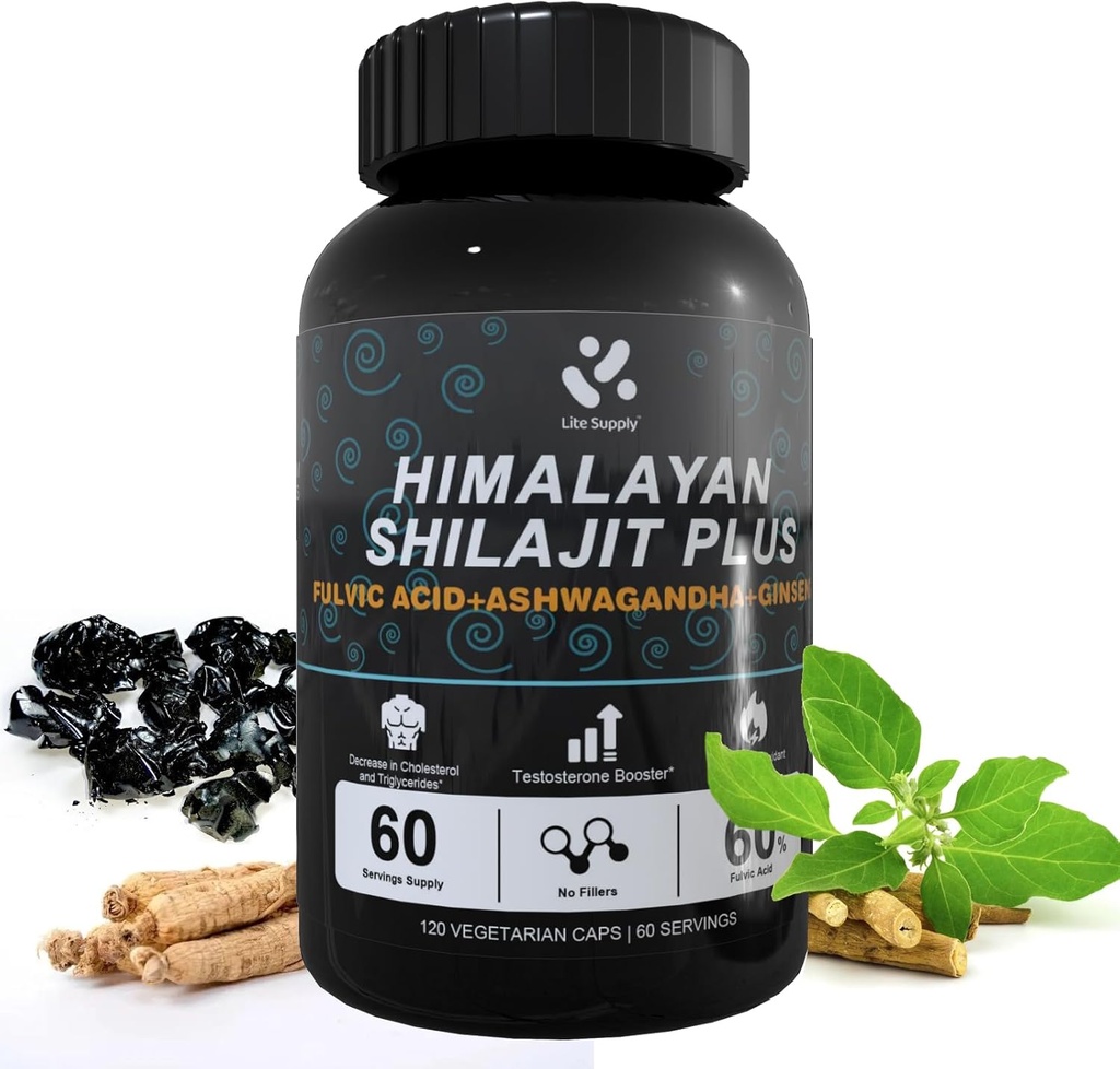 Shilajit Himalayan Suplemento 60% Fulvic Acid, 120 Vegan Capsules Supply with Pure Natural Shilajit, Ashwagandha, Ginseng Extract - High in Trace Minerals for Men Energy Support