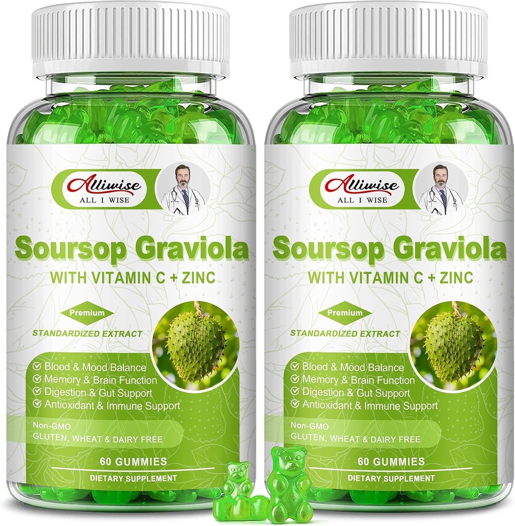 2 Pack Soursop Graviola Gummies Suplemento, Original Soursop Leaves Extract with Vitamins C & Zinc for Women &amp; Men, Multivitamin Soursop Fruit Supplement for Immunity & Antioxidant & Energy