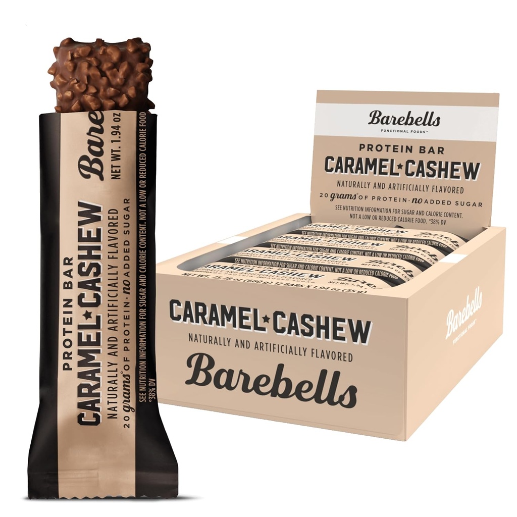 Barebells Protein Bares Caramel Anacardo - 12 Conde, 20g High Protein Treats - Chocolate Nutrition Bar con 1g Total Azúcares - On-The-Go Breakfast o Post-Workout Snack