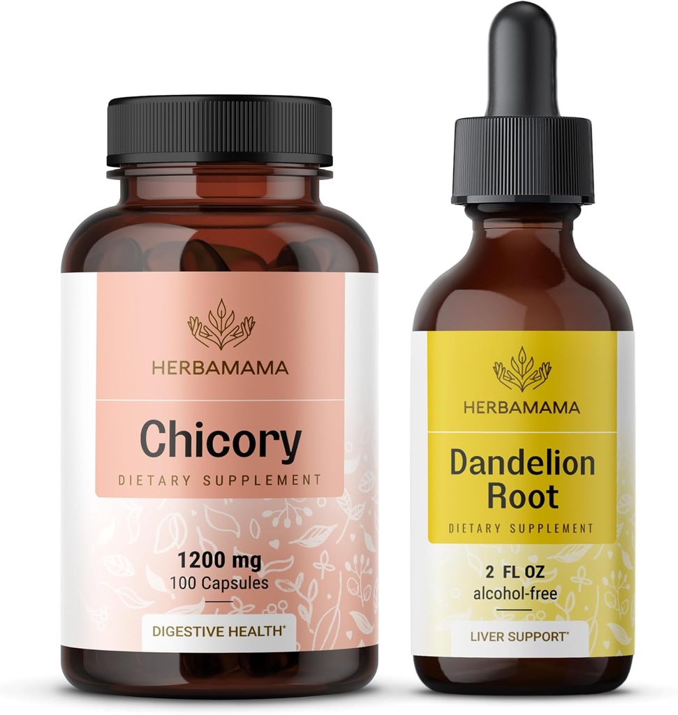 HerBAMAMA Chicory and Dandelion Kit - Bundle of 1200 mg Chicory Root Capsules " Dandelion Root Tincture 2 fl oz - Vegan, Non-GMO, Sugar " Alcohol-Free - 2 Pack