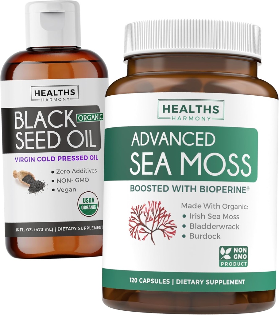Black Seed Oil Liquid & Sea Moss (2-Month Supply) Sea & Seed Fusion Bundle - Black Seed Oil Liquid (16fl.oz) Premium Cold-Presed Cumin Seed Oil & Organic Irish Sea Moss with BioPerine - Vegan