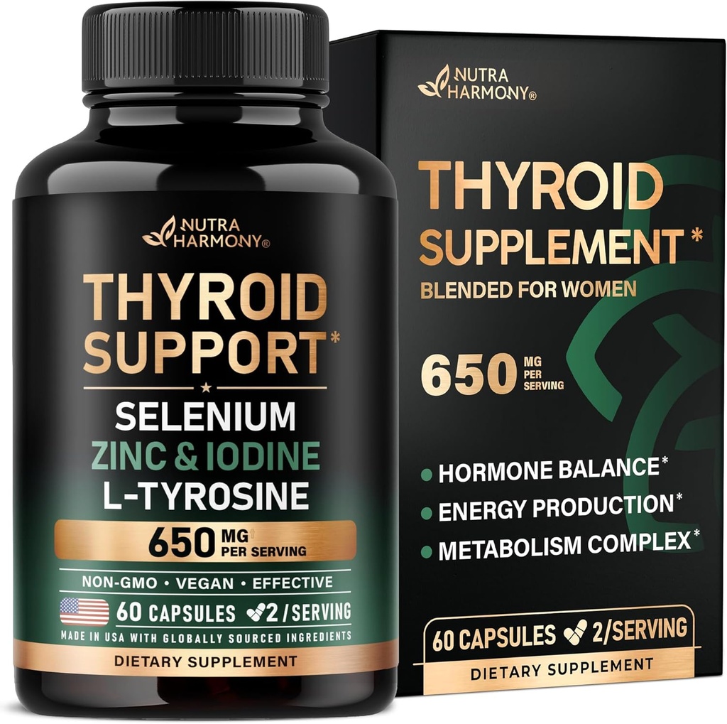 Asistencia para tiroides para mujeres - Selenium 200 mcg TEN Astragalus TEN Zinc & Iodine TEN L-Tyrosine TEN Adaptogen Herbs - 21-in-1 Antioxidant &amp; Immune Support - Made in USA - Vegan, Non-GMO, Lab Tested - 60 cápsulas