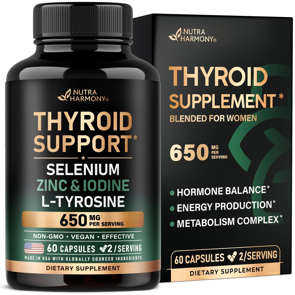 Asistencia para tiroides para mujeres - Selenium 200 mcg TEN Astragalus TEN Zinc & Iodine TEN L-Tyrosine TEN Adaptogen Herbs - 21-in-1 Antioxidant &amp; Immune Support - Made in USA - Vegan, Non-GMO, Lab Tested - 60 cápsulas