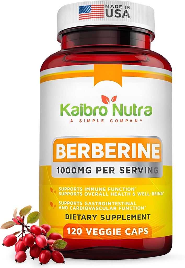 Kaibro Nutra Berberine Supplement 1000mg, Berberine HCL for Immune System, Glucose Support, Circulatory " Gastrointestinal Health, Vegan " Gluten-Free, 120 Capsules