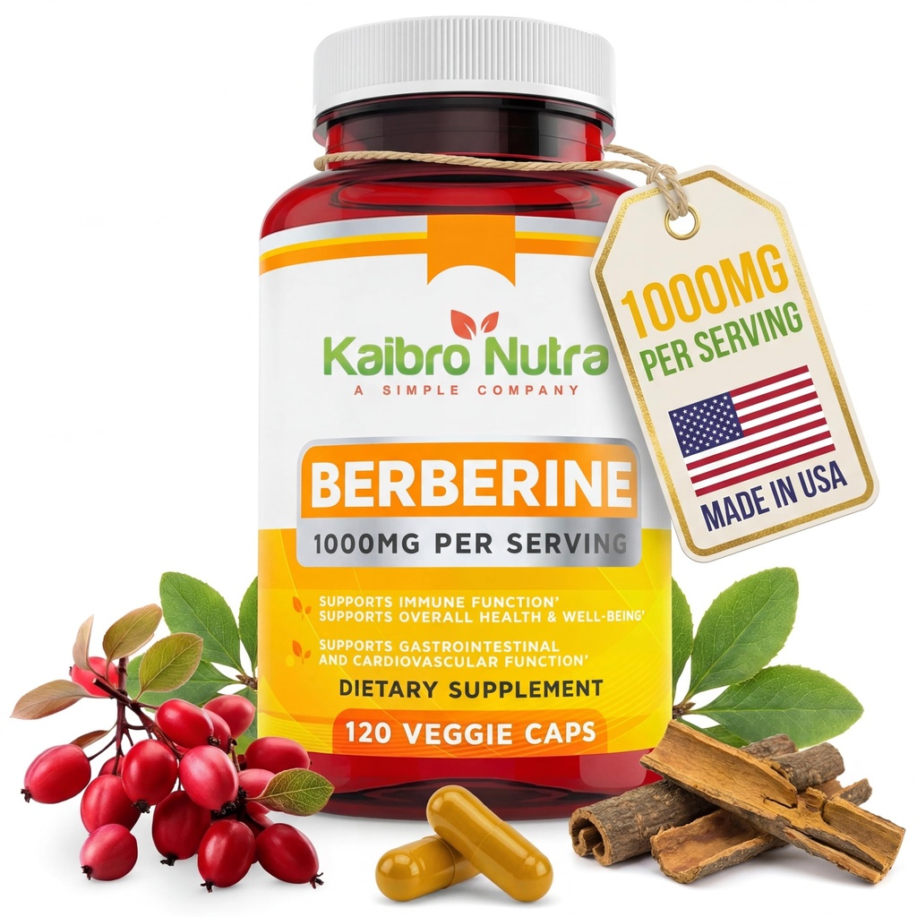 Kaibro Nutra Berberine Supplement 1000mg, Berberine HCL for Immune System, Glucose Support, Circulatory " Gastrointestinal Health, Vegan " Gluten-Free, 120 Capsules