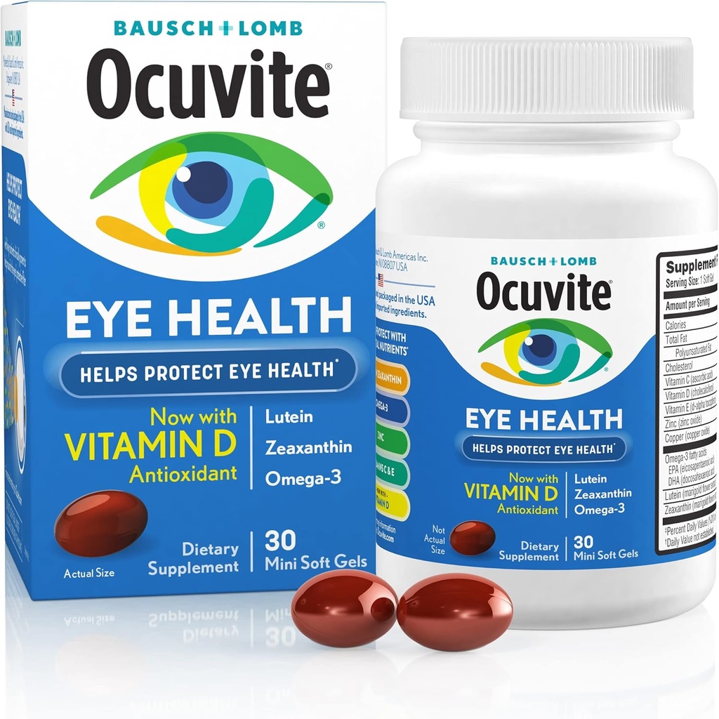 Ocuvite Eye Health, Lutein &amp; Zeaxanthin Supplement, Eye Vitamin with Antioxidant Vitamin D, C, E &amp; Omega-3, Helps Protect Eye Health, 30 Softgels