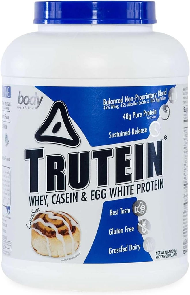 Body Nutrition Trutein High Protein Powder: 45% Whey, 45% Casein, 10% Egg White, Gluten-Free, Low Sodium, Grass Fed Whey Protein Powder, Gym Supplement &amp; Breakfast Shake, Cinnabun, 4lb