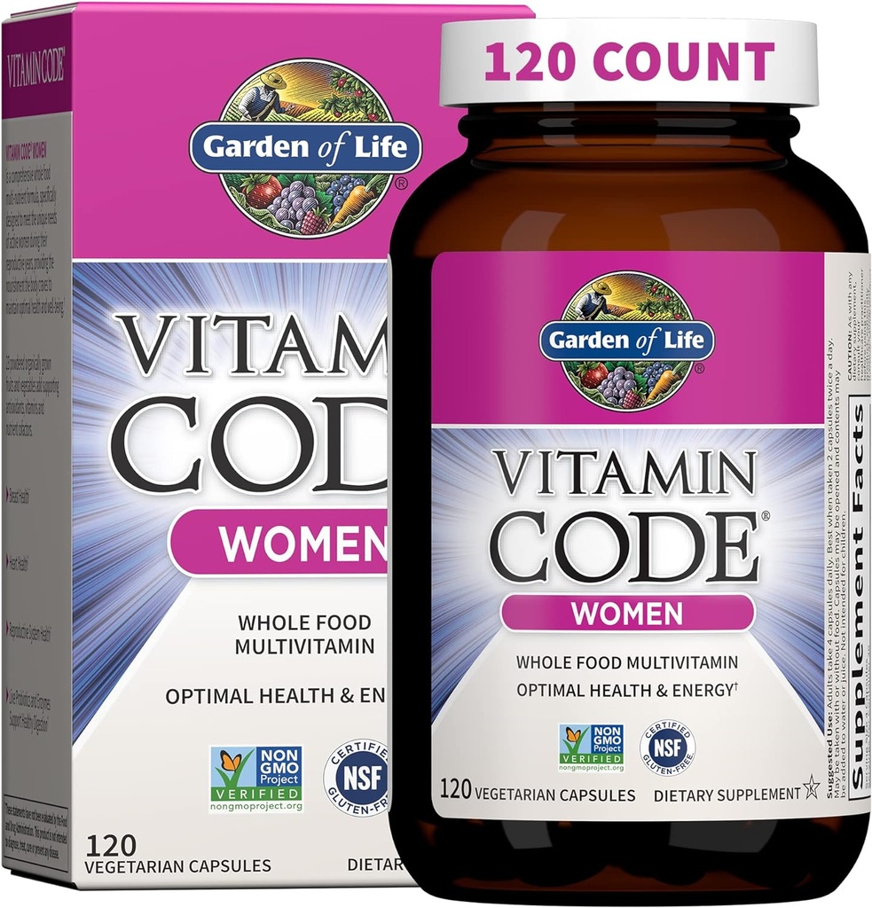 Jardín de Vida Multivitamínico para Mujeres, Código de Vitamina Mujeres Multi - Mujeres Alimentarias enteras Multi Vitaminas, Hierro, Folato no Ácido Fólico, Vitamina A y Probióticos para Mujer Energía, 120 cápsulas vegetarianas