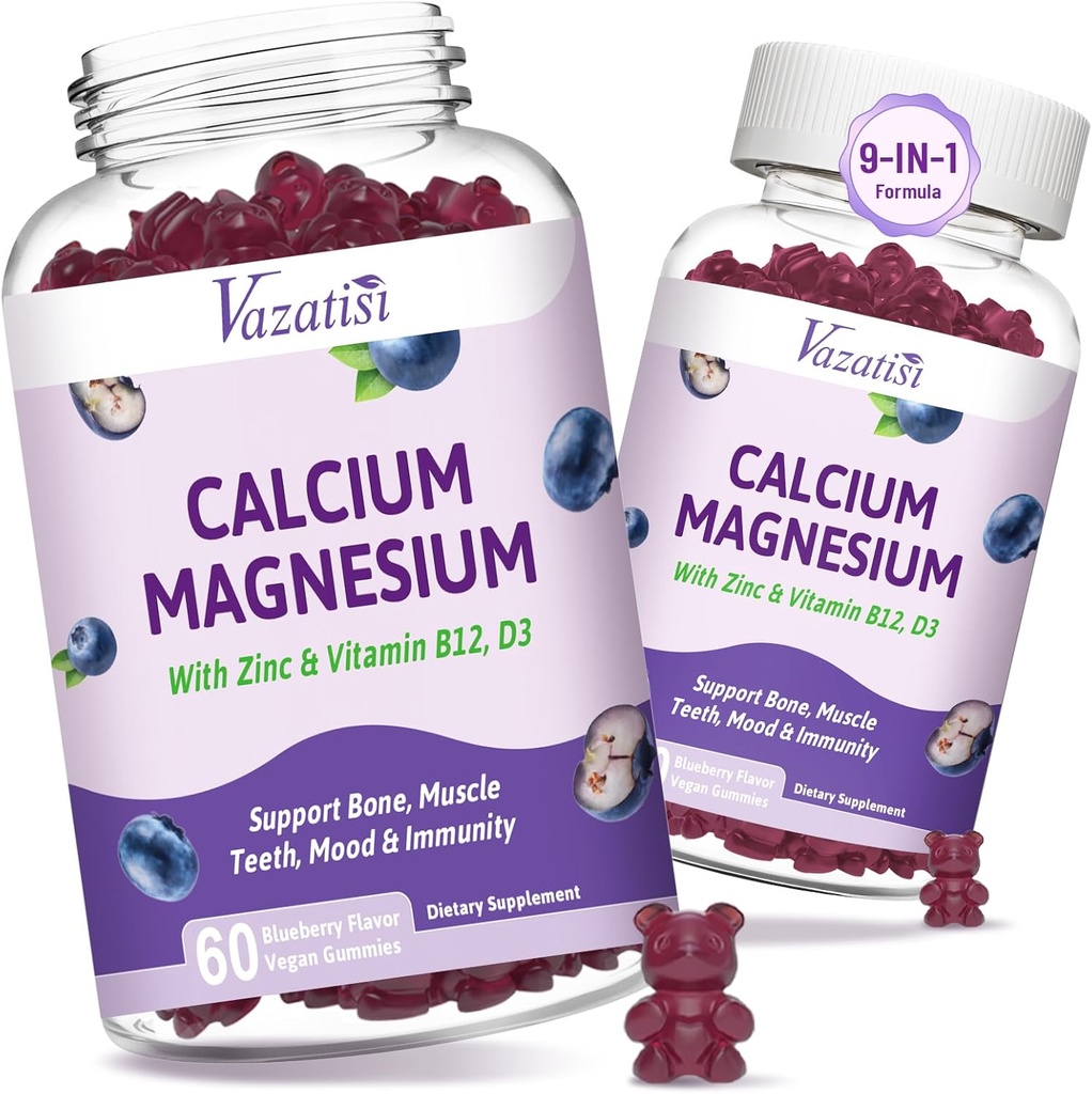 2 Pack Calcio Magnesio Zinc Gummies con vitamina D3 &amp; B12, Suplementos de Calcio Libre de Azúcar para Mujeres Hombres, Flavor de Arándano Vegano