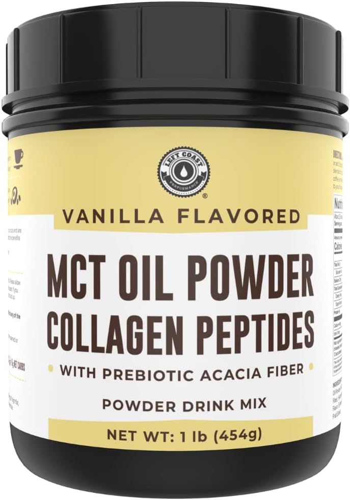 Keto MCT Oil Powder + Collagen + Prebiotic Acacia Fiber, Vanilla Flavor, 16oz. MCT Oil Powder de Cocos. Grass Fed Collagen, Perfecto para Keto, 0 Net Carb, Stevia, Erythritol, Powdered Drink