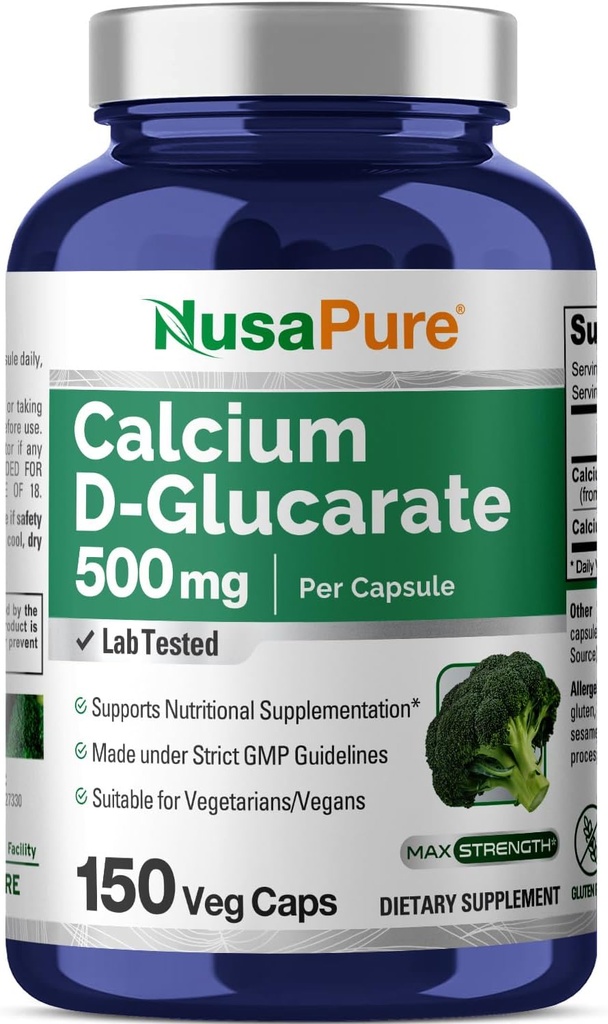 NusaPure Calcio D-Glucarate 500 mg 150 Veggie Caps, Vegan, Non-GMO, Gluten-Free