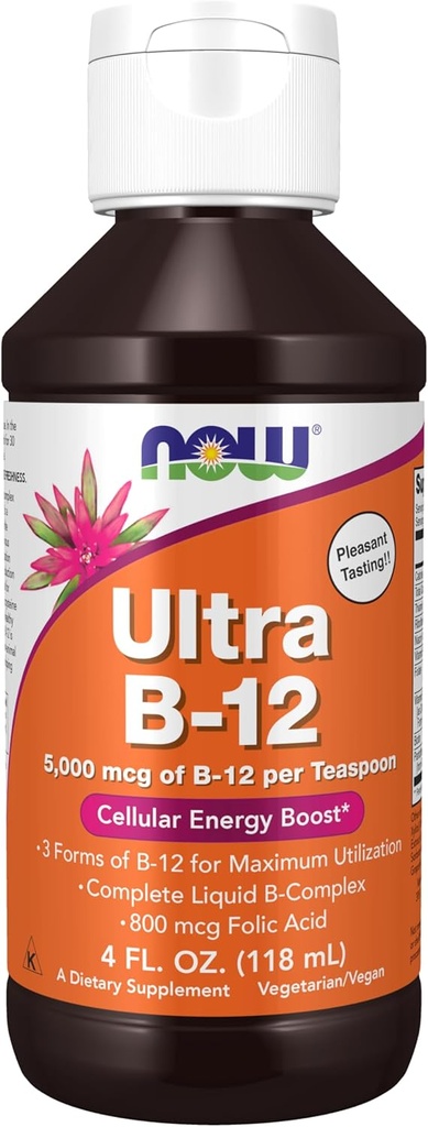 AHORA Suplementos de alimentos, Ultra B-12, Líquido, 800 mcg Ácido fólico, Producción de energía celular*, 4 onzas