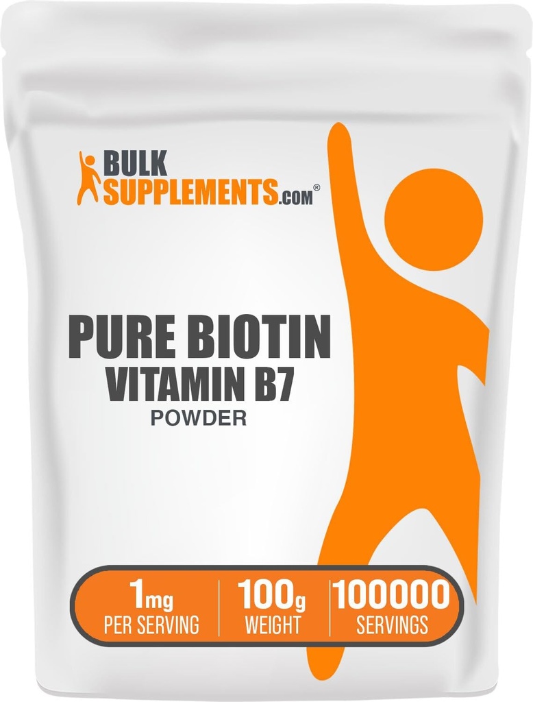 BulkSupplements.com Polvo de Biotina Pura - como Vitamina B7, Vitaminas de Biotina para el cabello, la piel y las uñas - Gluten Gratis, 1 mg por Serving, 100g (3,5 oz) (Pack de 1)