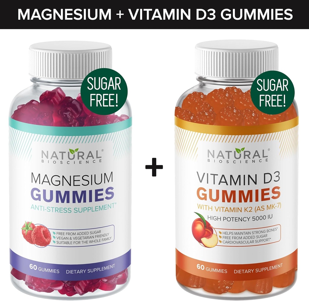 Gummies de Magnesio Libre de Azúcar (60 Gummies) y Gummies de Vitamina D Libre de Azúcar (60 Gummies) – Soporte Inmunitario &amp; Valor Calmante Bundle, Gelatin-Free, Gluten-Free, Vegan, All Natural, GMO-Free, Kosher