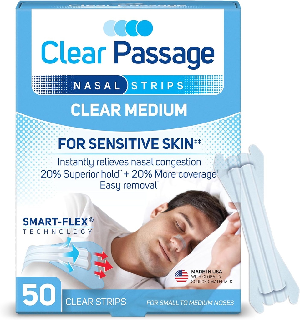 Nasal Strips Medium, Clear, 50 ct ← Funciona al instante para mejorar el sueño, reducir el ronquido, " Aliviar la congestión nasal Debido a las alergias de los fríos