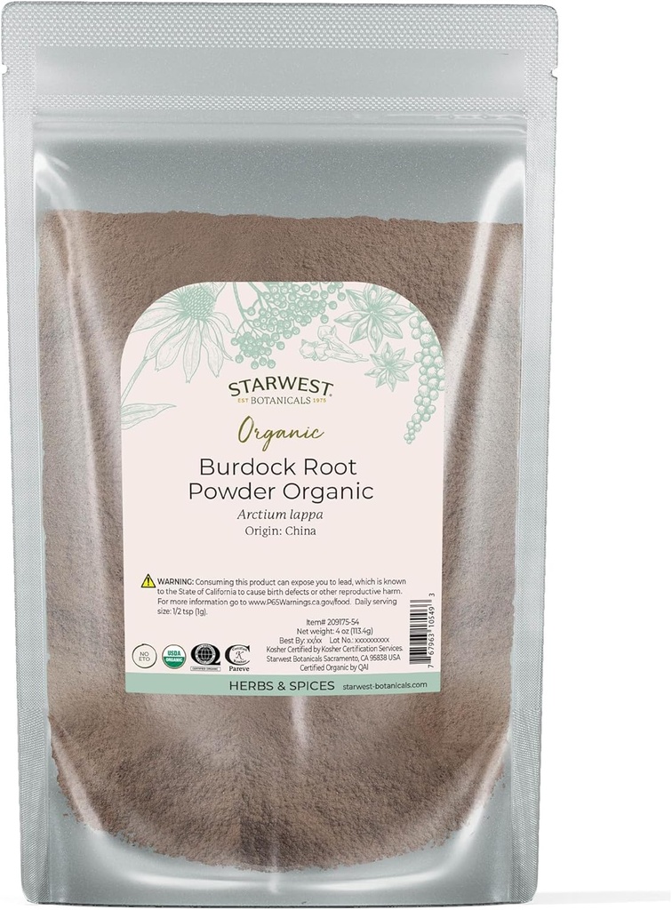 Starwest Botanicals Burdock Root Powder Organic - Natural Source of Antioxidants, Loose Herb for Tea, Rice, Soup, & Stews, Certified Kosher, Non-GMO - 4 oz Pouch