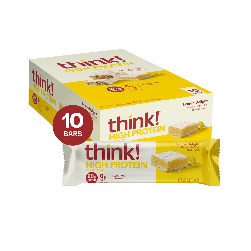 think! Protein Bars, High Protein Snacks, Gluten Free, Kosher Friendly, Lemon Delight, Nutrition Bars, 2.1 Oz per Bar, 10 Count (Packaging May Vary)