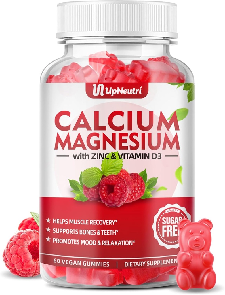 Calcio Magnesio Zinc con Vitamina D3 Suplemento, Azúcar Gummies de Calcio Libre para Mujeres Hombres, Alta Absorción Zinc Gummies para Bone & Muscle & Immune Health, Vegan Raspberry Flavor - 60 Condes