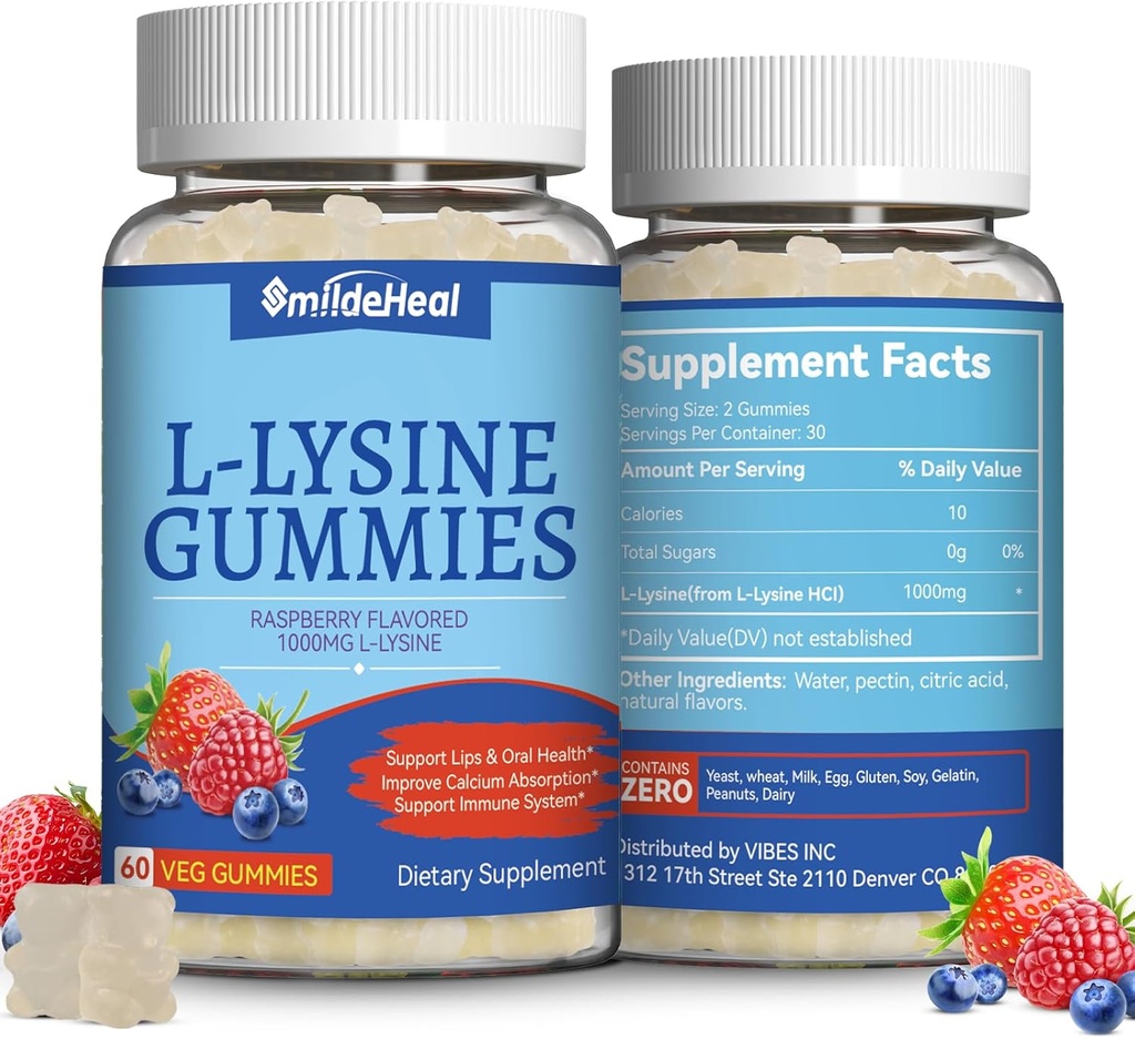 2 Pack L-Lysine 1000mg Gummies, Chewable Lysine Supplement for Adults, Immune Support, Collagen Formation Support, Non-GMO, Vegan, Gluten Free - 120 Condes