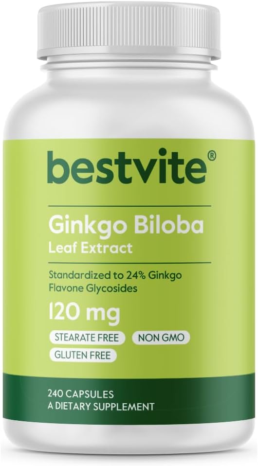 BESTVITE Ginkgo Biloba 120mg (240 cápsulas) - No Stearates - No GMO - Gluten Gratis - estandarizado a 24% Ginkgo Flavone Glycosides