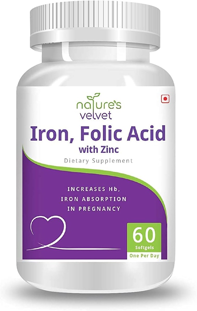 AZAZ Natures Velvet Lifecare Iron &amp; Folic Acid with Zinc, for Supplementation in Pregnancy, 60 softgels - Pack of 1
