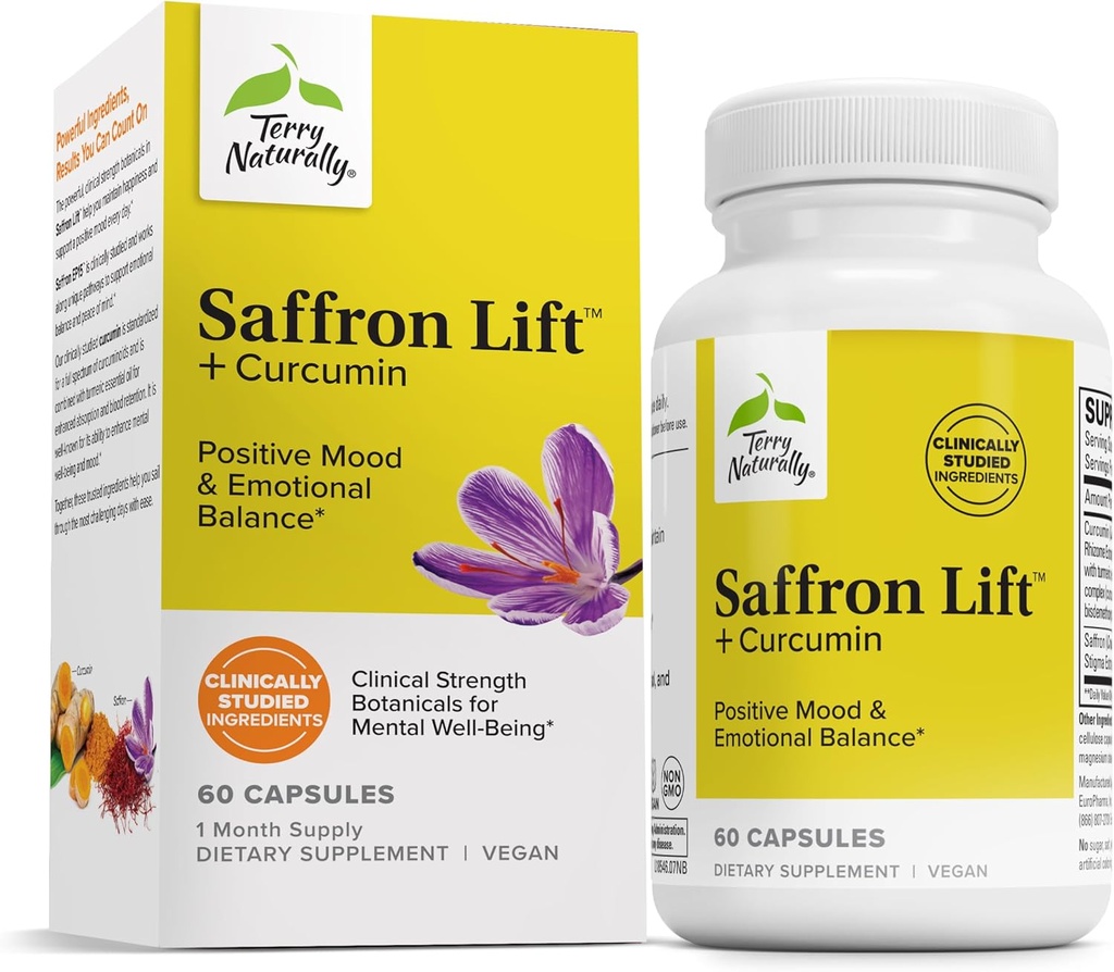 Terry Naturalmente Saffron Lift + Curcumin - Suplemento Herbal con Curcumin - Capsules de Saffron " Brain Curcumin - Concentración " Apoyo Suplemento - 60 cápsulas
