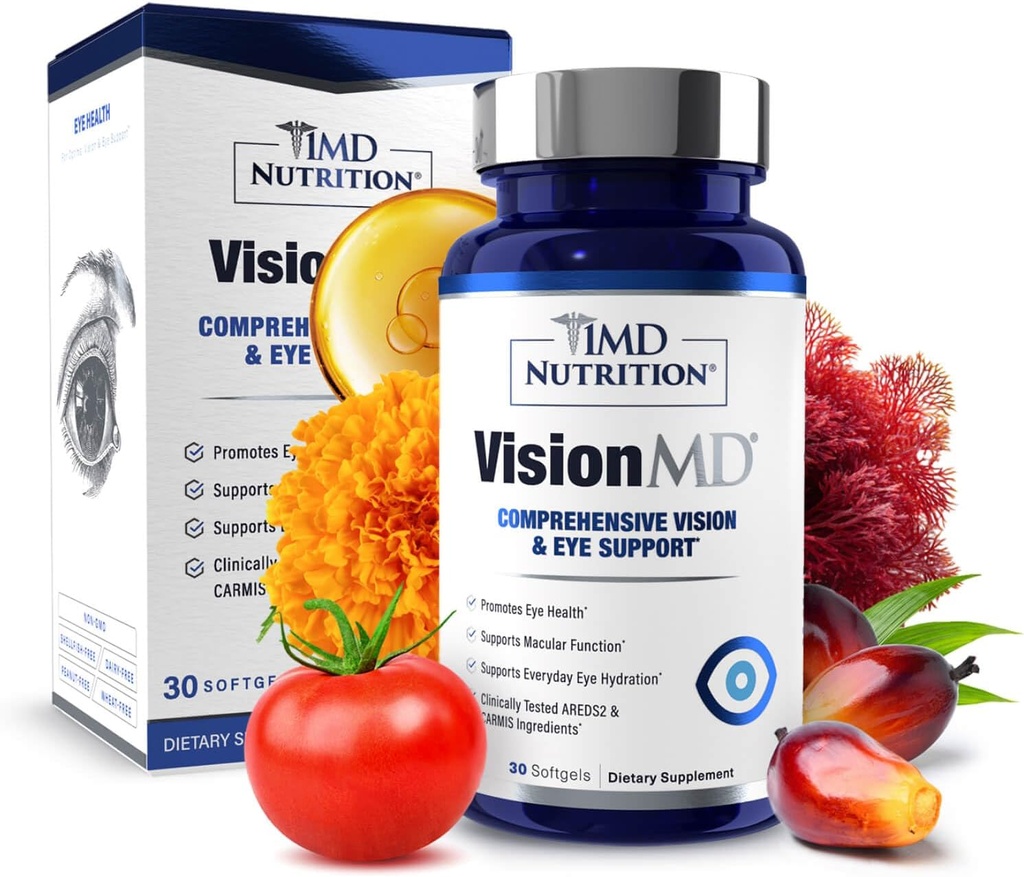 1MD Nutrition VisionMD Eye Vitamin CARMIS - Complemento de ojos para adultos - con OptiLut Lutein & Zeaxanthin - Apoya Vision Health Care, Everyday Eye Strain, " Ojo seco ocasional - 30 Softgels