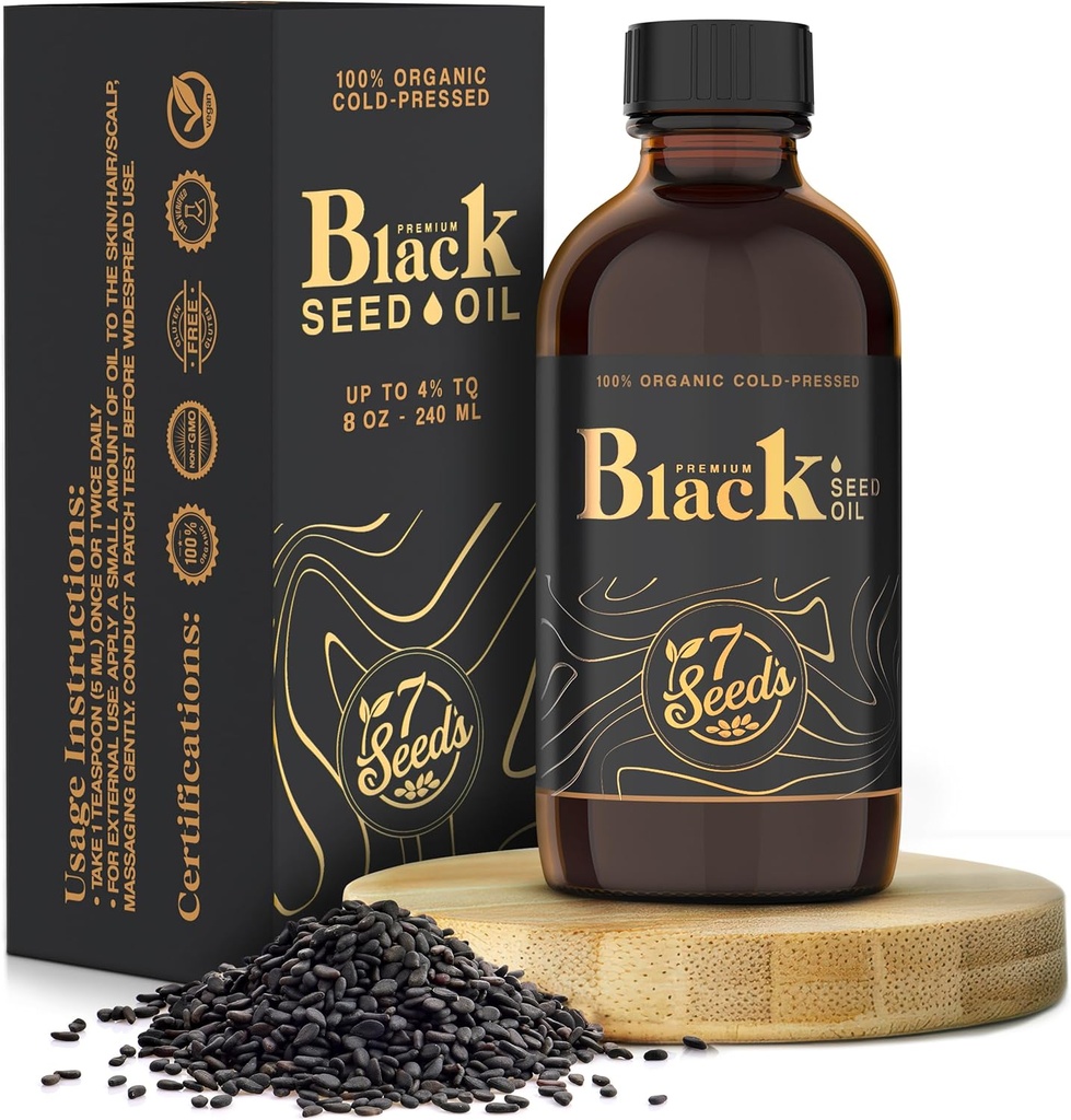 7 Semillas Frío Aceite de semilla negra prensada - 240 ml Frío Presionado Nigella Sativa Líquido para soporte inmunitario, Apoyo a la inflamación, Digestión, Piel de pelo (8 Fl Oz)