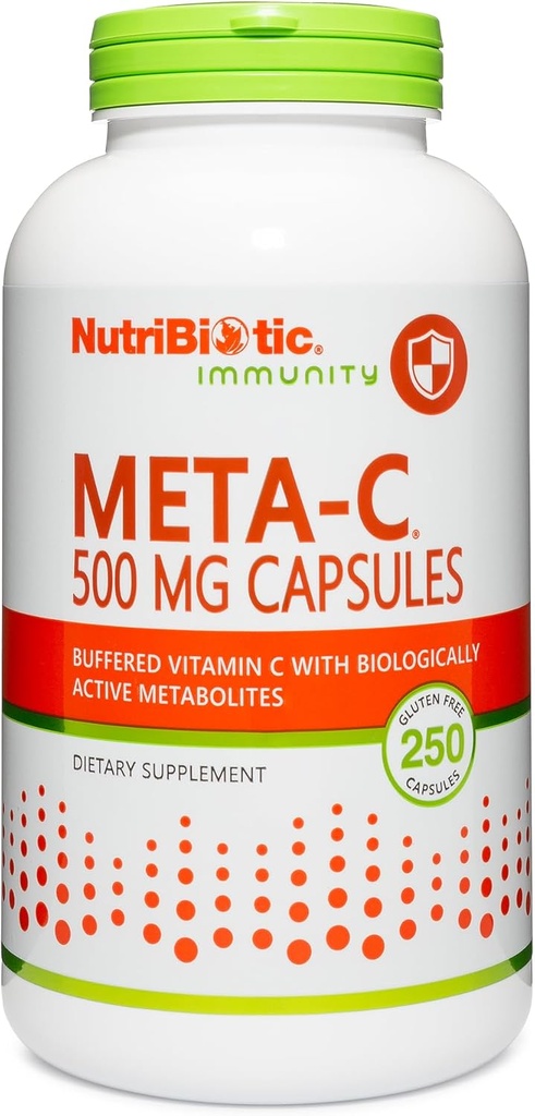 NutriBiotic Meta-C Capsules, 500 mg Spirulina-Bound Vitamin C, 250 Conteo Silencioso amortiguado con Calcio, Bioflavonoides biológicamente activas " Lemon Bioflavonoids
